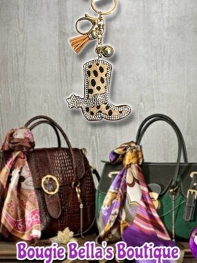 Leopard Print Cowboy Boot Keychain Bag Charm with Tassel - Gold Hardware